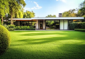 Wall Mural - A beautiful home with a perfectly manicured lawn, showcasing the various landscaping and design elements that create an inviting atmosphere around it. 