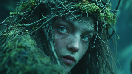 Wall Mural - a close-up of a forest witch with twigs and moss in her tangled hair, her gaze piercing
