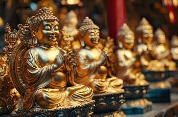 Wall Mural - A group of golden Buddha statues, arranged in rows with the main figure facing forward and their eyes closed.