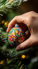 Wall Mural - Close up of a hand placing a colorful catalonian ornament on christmas tree branches