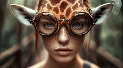 A creative depiction of a giraffe-themed character wearing glasses, merging whimsy and innovation, showcasing imaginative fashion and surreal character design.