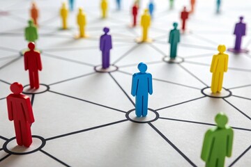 miniature people figures arranged in networking pattern showing social connectivity concept