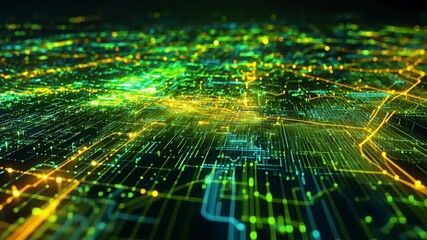 Wall Mural - glowing yellow and green lights illuminating a futuristic city at night, simulating data flowing thr