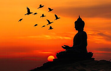 Wall Mural - Silhouette of a Buddha figure in a meditative pose, with birds flying against a sunset sky background.