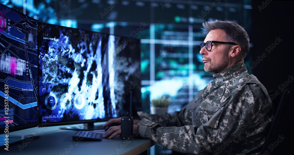 Air Reconnaissance Technology On Computer. World Map Data Stock Photo ...