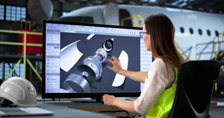 Fototapete - Female Technician Designing 3D Models for Aircraft Maintenance