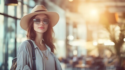 Wall Mural - Stylish woman in hat and sunglasses indoors.