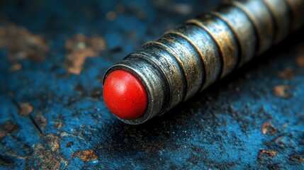 Red button, metal device, grunge background, workshop