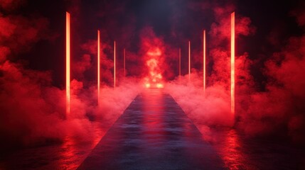 Poster - Red neon pathway, smoky tunnel, futuristic scene,  background design