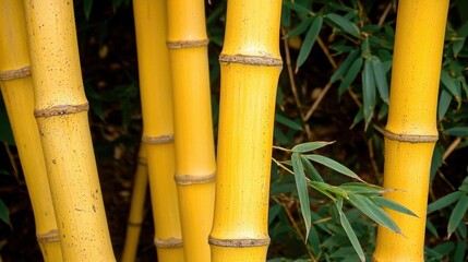 Vibrant yellow bamboo plants in natural habitat close-up photography tranquil environment nature's beauty lush greenery