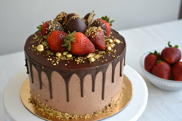 Wall Mural - Birthday Cake Design, A beautifully decorated chocolate cake topped with strawberries, nuts, and chocolate truffles, set against a simple background.