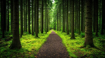  Serene forest pathway walk lush green woods nature photography tranquil environment ground-level perspective peaceful exploration