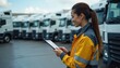 © miss irine - Specialist controls fleet of trucks routes using tablet. Logistic manager in yellow uniform monitors cargo transportation, optimizing delivery, maintenance. Woman uses online app for transport