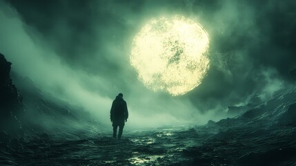 Poster - A man is walking through a foggy, rocky landscape