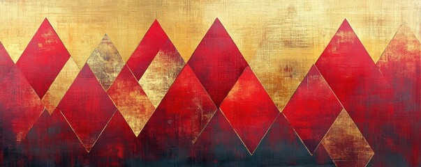 Bold geometric passion, intense red and gold patterns, watercolor style