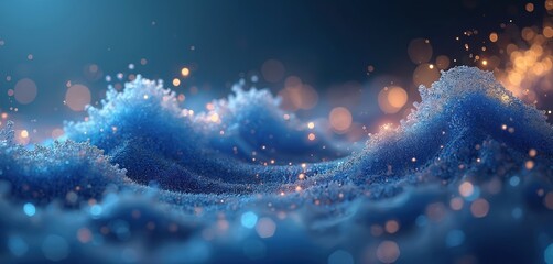Poster - Illustration shows dynamic intertwining liquid wave in blue tones. Digital molecules dance, forming intricate patterns. Mesmerizing three-dimensional virtual underwater world. Cold winter design with