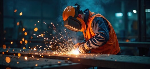 Poster - Man welds metal structure wearing safety gear in dark industry building. Welder uses welding machine, producing bright sparks. Skilled manual worker in metalwork workshop at metal fabrication project.