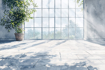 Wall Mural - Sunlight streams through a large window onto a tiled floor, illuminating a potted plant in a serene, airy space.