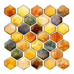 Wall Mural - Watercolor painting of a honeycomb pattern, featuring hexagons in earthy yellows, browns, and grays with textured washes.