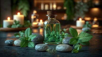 Spa aromatherapy oil bottle, mint, stones, candles, wellness