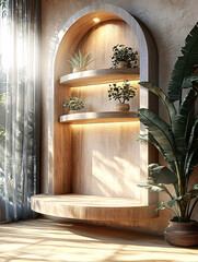 Wall Mural - Arch-shaped shelves with plants, softly lit, beside sheer curtains and a large potted plant, capturing natural light.