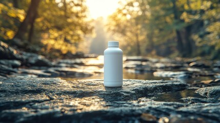 Wall Mural - White bottle, nature, stream, sunrise, mockup, advertising