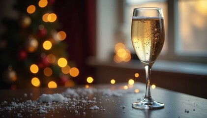 Wall Mural - Champagne in crystal glass, Xmas lights bokeh, glow, alcohol