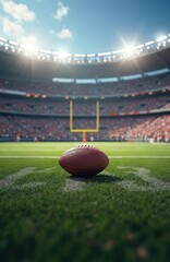 Wall Mural - American football ball on grass field in professional stadium with crowd. Sport equipment for popular team game. Sportsmanship, competition, victory. Football match concept. Sport arena awaiting