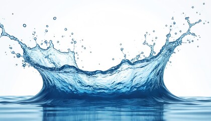 Wall Mural - Isolated blue water splash illustration. Generative AI liquid shape with motion. Drink water, nature purity concept. Abstract white background. Clean cold fresh dripped wave for design template.