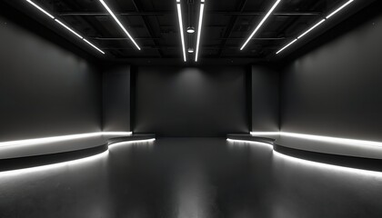 Fototapete - Modern dark studio exhibits bright led lights on ceiling and floor. Showroom with minimal black decor for 3D product promo or virtual space background with reflection surface.