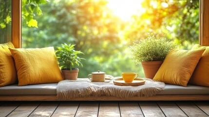 Wall Mural - Sunny window seat, tea, plants, relaxation, home decor