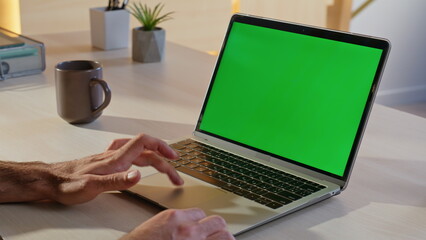 Wall Mural - Entrepreneur browsing app green screen laptop in company office closeup. 