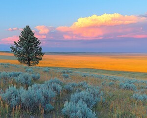 Canvas Print - Lone tree, sunset prairie, Montana landscape, golden hour