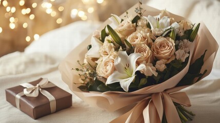 Bouquet of soft roses and lilies with a gift box on a cozy bed with warm lights in the background. Generative AI