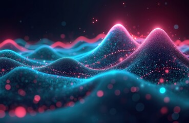 Poster - Abstract futuristic background with pink blue glowing neon wave lines. Mountain of data with bokeh lights. Data transfer concept. Fantastic dark wallpaper, sci-fi wallpaper, hi-tech visualization.