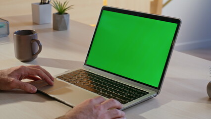 Wall Mural - Entrepreneur watching video green screen laptop at remote workspace closeup.