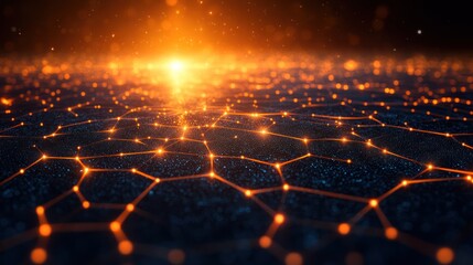 Wall Mural - network sunrise, glowing nodes, dark background, digital landscape, tech concept