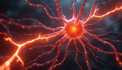 Poster - Illustration of neuron cell sending electrical signals. Nerve cells connect in brain for neural activities. Science graphic presents connection, communication in human mind, intelligence, neurology,