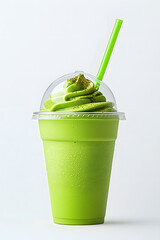 Sticker - Green matcha milkshake in a plastic takeaway cup with straw, isolated on a white background