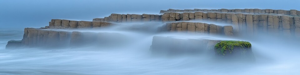 Wall Mural - Majestic Coastal Cliffs Shrouded in Mesmerizing Ocean Mist at Dawn, Serenity of Nature Captured in Ethereal Seascape with Rugged Rock Formations and Misty Waves