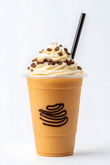 Sticker - Iced coffee with whipped cream in a plastic takeaway cup isolated on a white background