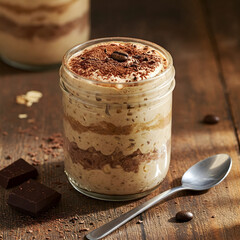 Sticker - Layered dessert in a jar with coffee, cocoa, chocolate pieces, and a spoon on a wooden table