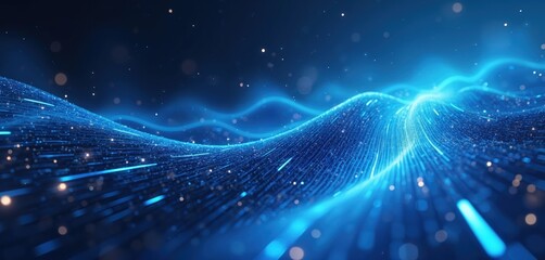Aufkleber - Abstract blue waves create dynamic futuristic tech background with glowing light effects. Shimmering particles flow across electric lines. Digital wallpaper represents cyberspace innovation. Energy