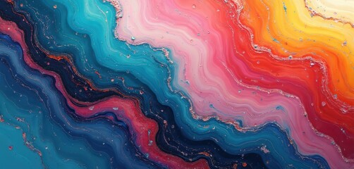 Poster - Trendy marble holographic illustration features grunge texture, liquid colorful wave, swirl. Digital three-dimensional light art with gold metal silk ripple curve fluid. Sea, fire, ice, water, smoke