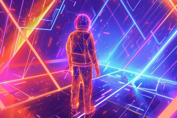 Wall Mural - a wired astronaut navigates a neon geometric landscape