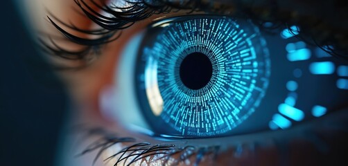 Fototapete - Close-up of human eye with intricate blue digital cybernetic patterns reflecting biometric identification tech. Eye scanning concept. Future authentication, hi-tech security, advanced retina