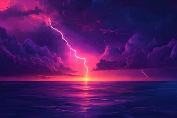Wall Mural - a single lightning strike over a purple ocean sunset