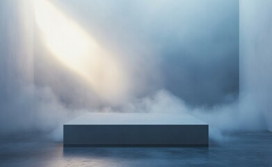 Fototapete - Empty pedestal in a foggy room with concrete floor and white wall