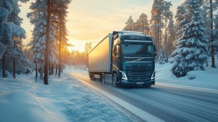 Poster - Truck driving snowy forest road sunset