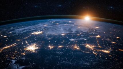 Fototapete - Digital network connections across the world at sunrise, representing global connectivity, technology, artificial intelligence, and data-driven innovation, Generative AI